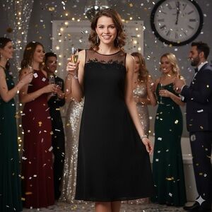 Evan Picone Black Midi Dress with Beaded Embroidery Detail